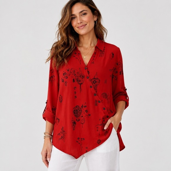 Soft Surroundings Tops - Soft Surroundings Asymmetrical Tunic Top M Red Chinese Lantern Print Roll Tab